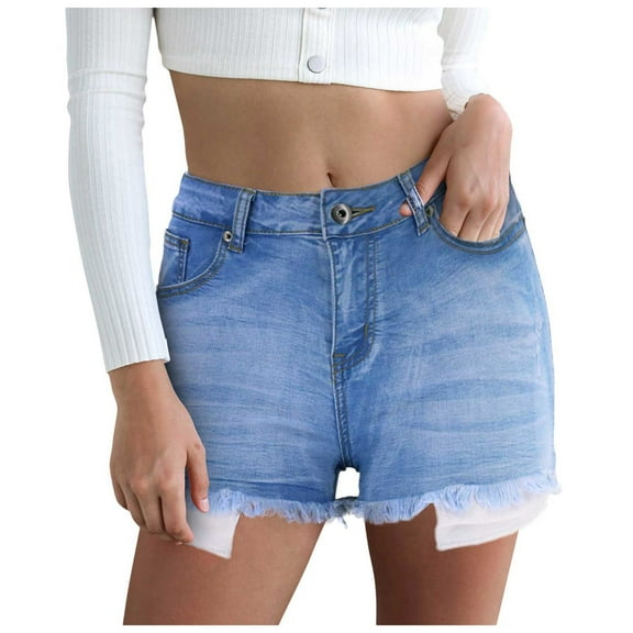 Gubotare High Waisted Jean Shorts Women Women's Plus Size Ripped Denim Shorts Raw Hem Bodycon Mini Jean Shorts with Pockets (Light Blue,Size XL)