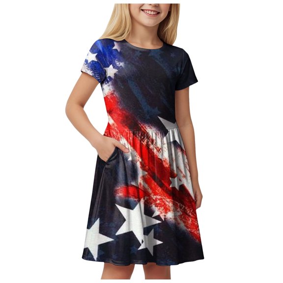 Gubotare Independence Day Dress Girls Summer Ruffle Short Sleeve Crew Neck Loose Casual Flowy Tiered Dress with Pockets (Dark Blue,Size 11-12 Years)