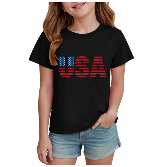 Gubotare Independence Day Shirt Girl Girls' Shirt Casual Short Sleeve Fashion T-Shirt for Girls Kids' Graphic Tee Youth Top (Black,Size 13-14 Years)