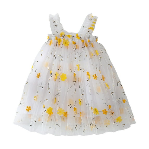 Gubotare Flower Girl Dress Toddler Girls Tulle Tutu Dress Flutter Short Sleeve Crew Neck Wedding Birthday Party Dresses Baby Formal Ruffle (Yellow,Size 2-3 Years)