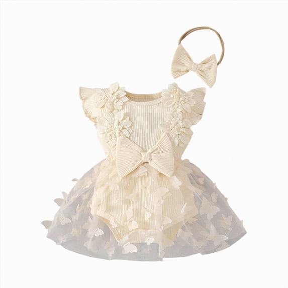 Gubotare Infant Girl Clothes Dresses Baby Girl Birthday Clothes Tulle Romper Sleeveless Bodysuit Cake Smash Outfits 0 3 6 9 12 18 24 Months (Beige,6-9 Months)