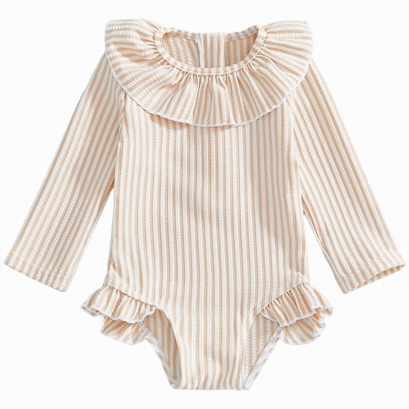 Gubotare Infant Swimsuit Girl with Hat Girls Long Sleeve One Piece Swimsuit Full Coverage Beach Sunsuit Swimwear with Zipper 18 24 Months (Beige,18-24 Months)