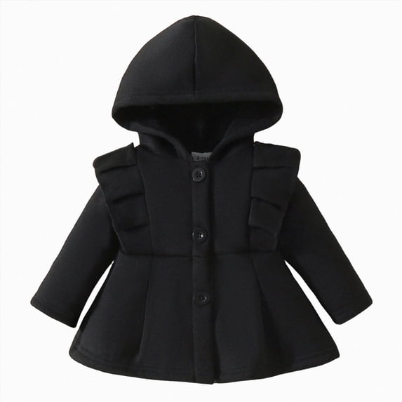 Gubotare Infant Toddler Baby Girls Hooded Coat Ruffle Button Jacket Kids Winter Outerwear 9 12 Months (Black,9-12 Months)