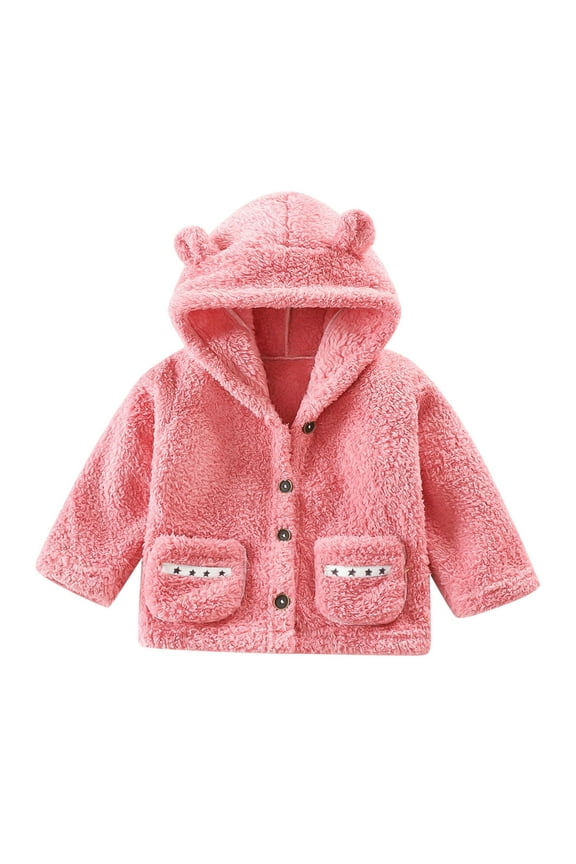 Jacket for Baby Boys Girls Flannel Jacket Sherpa Fleece Lined Zip Up Winter Shirts with Hood Size 12 18 Months (Pink,12-18 Months)