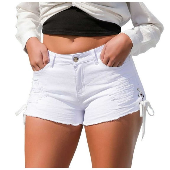 Gubotare Jean Shorts Women's Ripped Mid Rise Stretchy Denim Jeans Shorts (White,Size L)