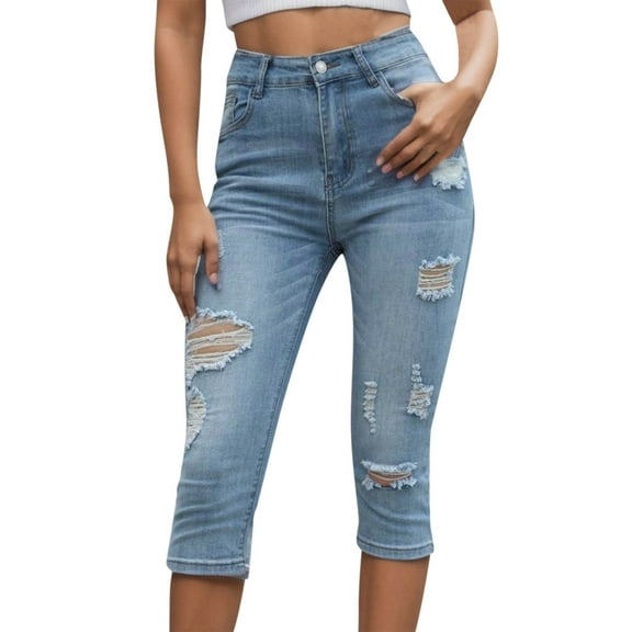 Gubotare Jeans Capris for Women Casual Summer Elastic Cropped Jeans Mid Rise Stretchy Capri Jeans Skinny Stretch Legging Pencil Pants (Blue,L)