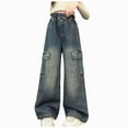thumbnail image 1 of Gubotare Jeans for Girls High Waist Kids Cargo Denim Jeans Straight Wide Leg Baggy Pants for Girls Girls Casual Washed Trousers Size 12-14 (Dark Blue,12-14 Years), 1 of 5