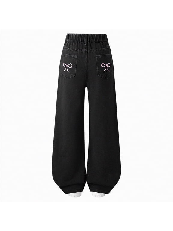 Jeans for Little Girls' Cargo Jeans with Pocket, Wide Leg and Split Hem Denim Pants Size 8-9 (Black,8-9 Years)