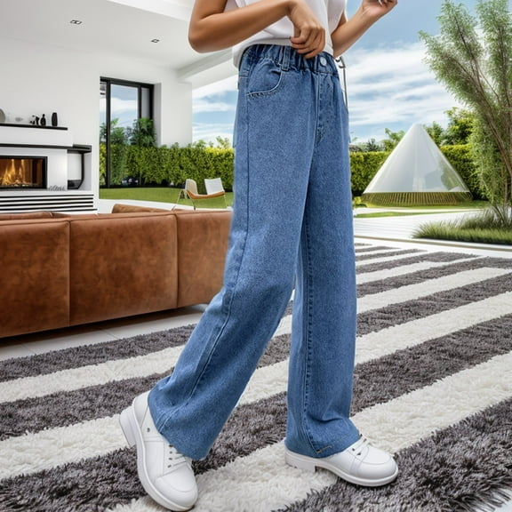 Gubotare Jeans for Teen Girls Girls Casual Jeans Elastic Waist Denim Wide Leg Pants Toddler Trousers Softball Pants Girls (Blue,5-6 Years)