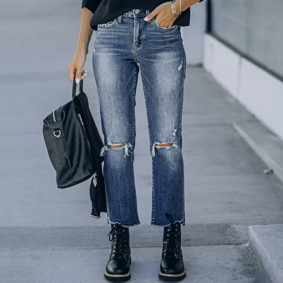 Gubotare Jeans for Women Ripped Womens Ripped Boyfriend Distressed Stretch Bootcut Jean (Blue,M)