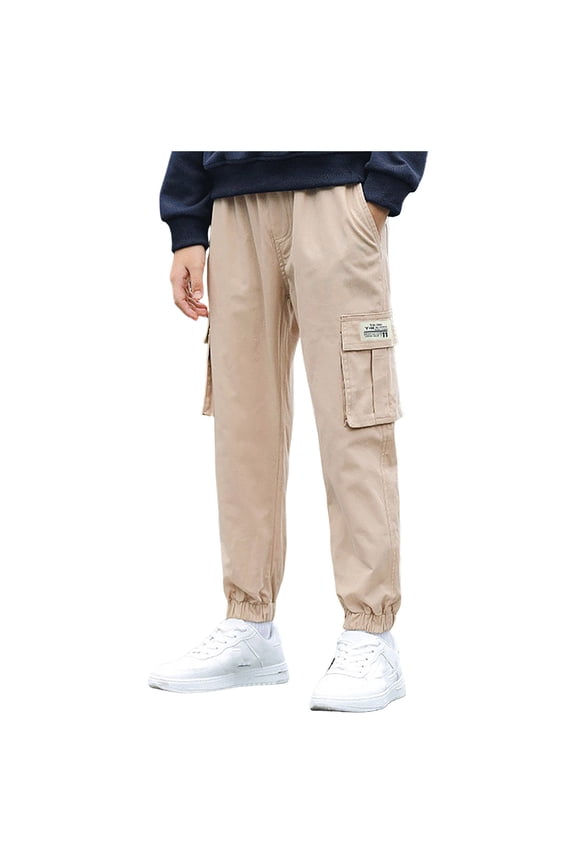 Khaki Pants for Boys Cargo Pants Cotton Casual Pants Elastic Waist Hiking School Uniform Pants Joggers 5-11 Years (Khaki,8-9 Years)