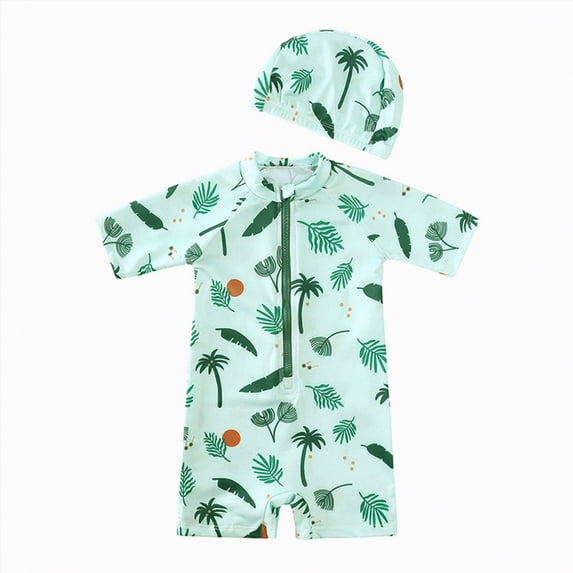 Gubotare Kid Boy Swimsuit with Sun Hat Cute Kid Boy Swimsuit Short Sleeved One Piece Bathing Suit Summer Boy 5t 6t (Mint Green,5-6 Years)