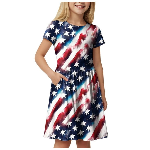 Gubotare Kid July 4 Dress Girl's Summer Dresses Ruffled Sleeves Tiered Swing Sundress with Pockets (Blue,Size 4-5 Years)