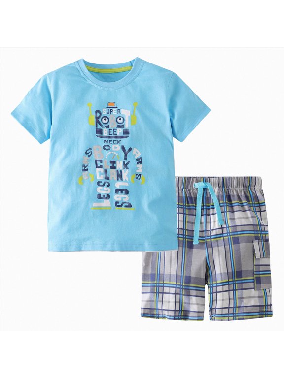 Kid Pajamas Boys Kids Pajama Set, Short Sleeve T-Shirt & Shorts Snug Fit Sleepwear for Boys Size 6-7 (Sky Blue,6-7 Years)