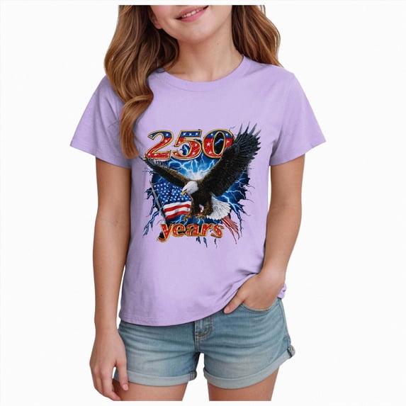 Gubotare Kids American Flag Shirt 250 USA Anniversary Girls 250 Years USA T Shirt Patriotic 1776-2026 Print Short Sleeve Tee for 4th of July Size 7-8 (Purple,7-8 Years)
