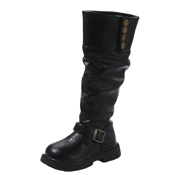 Gubotare Kids Black Boots Girls Lace Up Riding Boots Mid Calf Combat Boots Leather Side Zipper Boot Non Slip Girls Booties Size 11 (Black,Little Kids 11)