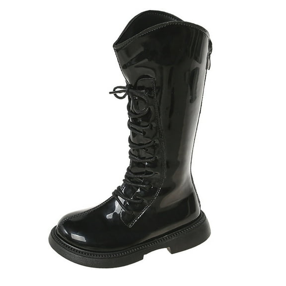 Gubotare Kids Black Boots Girls Tall Combat Boots Lace Up Knee High Boots Mid Calf Leather Side Zipper Punk Non Slip Shoes Fashion Waterproof Non Slip Shoes for Kids Size 2 (Black,Big Kids 2)