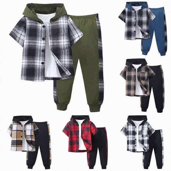 Gubotare Kids Boy Clothes Plaid Hooded Short-Sleeved Shirt Top and Patchwork design Pants 2Pcs Boys Outfits (Brown, 7-8 Years)