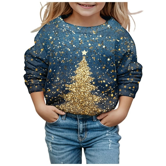 Gubotare Kids Boy Girl Merry and Bright Crewneck Sweatshirt Merry Christmas Sweatshirt Retro Xmas Long Sleeve Pullover Tops Girl Christmas Outfit (Dark Blue,12-18 Months)
