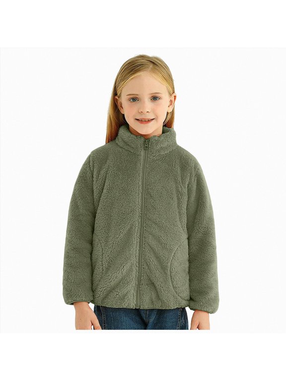 Kids Fleece Zip Up Jacket Girls Warm Winter Coat Stand Collar Casual Outerwear 6T 7T (AG,6-7 Years)