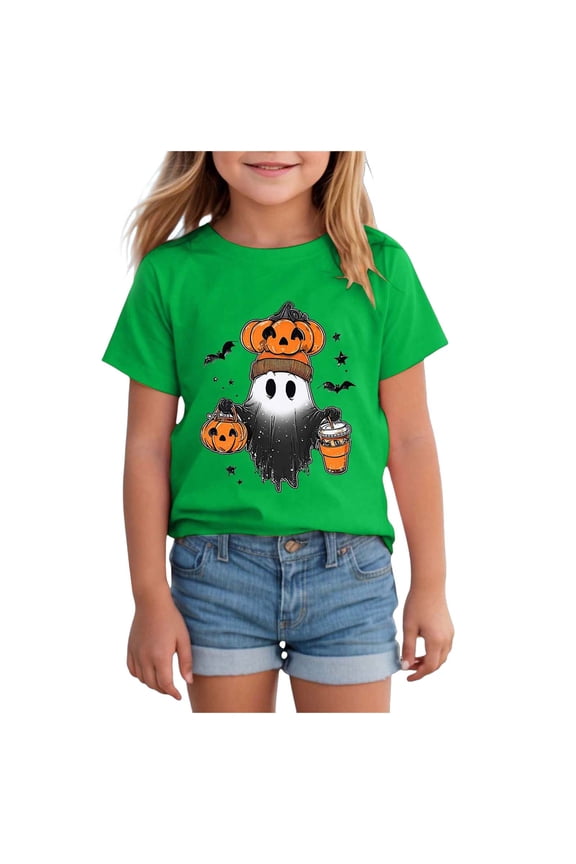 Kids Halloween Shirt Girls Boys Funny Spooky Shirts Pumpkin Short Sleeve Fall Tee Top Halloween Toddler Girl (Green,9-10 Years)