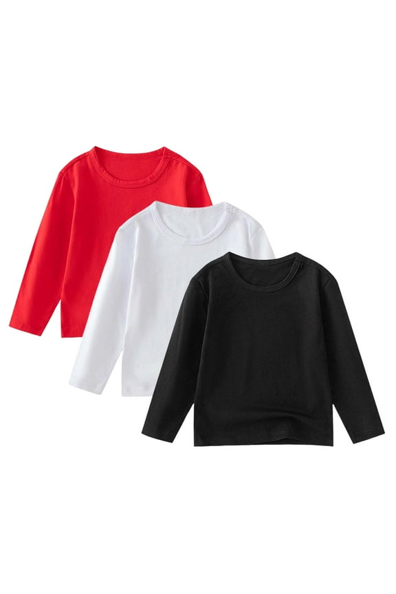 Kids Long Sleeve Shirt Long Sleeve T-Shirts Toddler Kids Boys Long Sleeve Basic T Shirt Casual Fall Tees Shirt Tops Solid Color Shirts 3 PCS Size 1T 2T (Watermelon Red,1-2 Years)