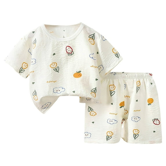 Gubotare Kids Pajama Big Girls'2-Piece Pajamas Cute Cat Panda Sleepwear Short Sleeve Nighty Sets (Beige,Size 5-6 Years)