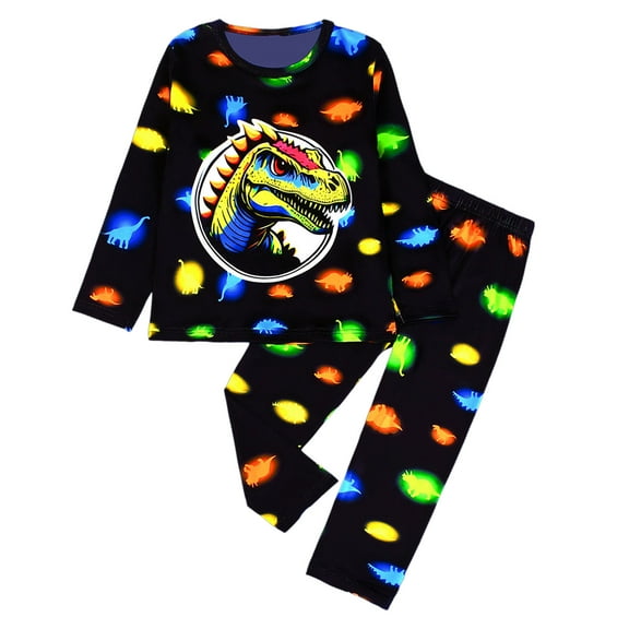 Gubotare Kids Pajama Set Glow in The Dark - Boys & Girls 3D Fluorescent Print PJs, Soft Long Sleeve Nightwear with Glowing Patterns, Matching 2-Piece Sleepwear Size 7-8 Years (Black,7-8 Years)