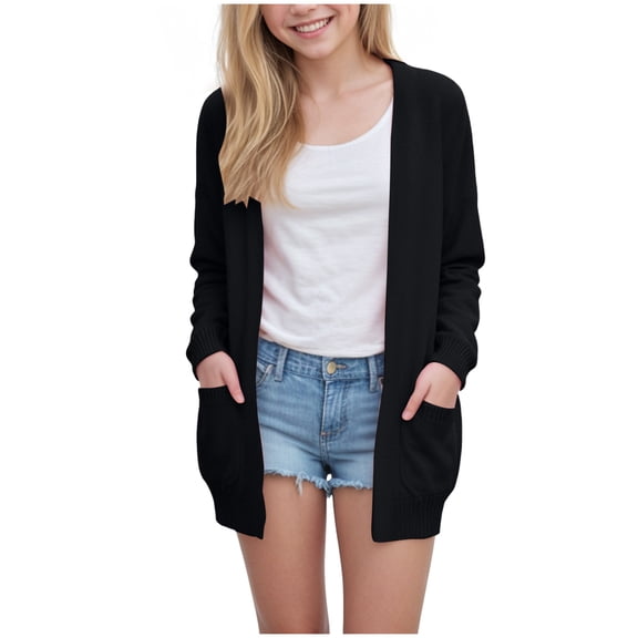 Gubotare Kids School Cardigan Girls Girl Sweater Cardigan Open Front Button Down Long Sleeve Knitwear Coat Size 7-8 (Black,7-8 Years)