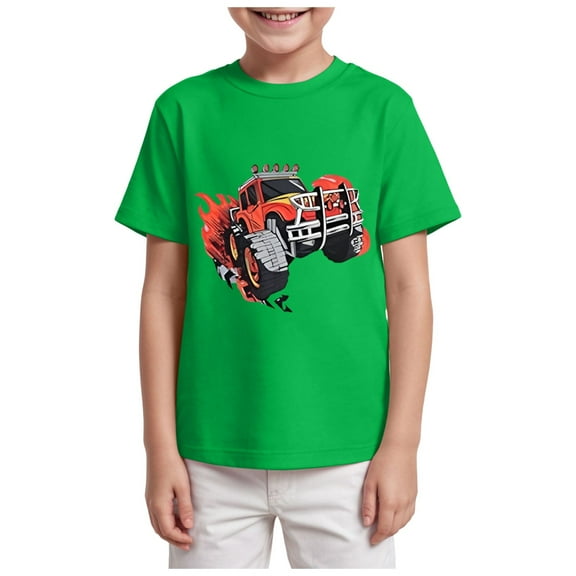 Gubotare Kids Shirt Boys' Fire Truck Print Short Sleeve T Shirt Top Toddler T-Shirt Casual Summer Beachwear Tops for Boy Sizes 7-8T (Green,7-8 Years)