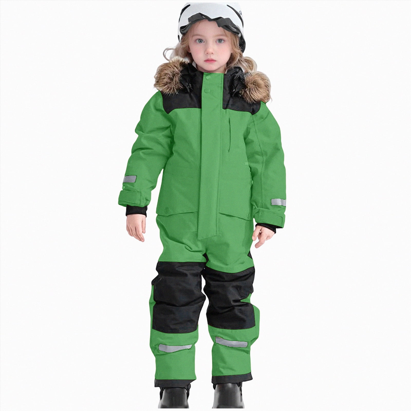 Gubotare Kids Snow Suit Kids Girls Boys One Piece Snowsuits Ski Suits High Collar Hood Double Zipper Jumpsuits Winter Waterproof Jackets Size 6-7 (Green,6-7 Years)