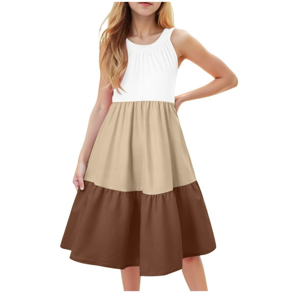 Gubotare Kids Summer Dresses for Girls Girl's Boho Floral Print Square Neck Sleeveless Ruffle Hem High Waist Summer Cami Dress Size 14-15 Years (Coffee,14-15 Years)