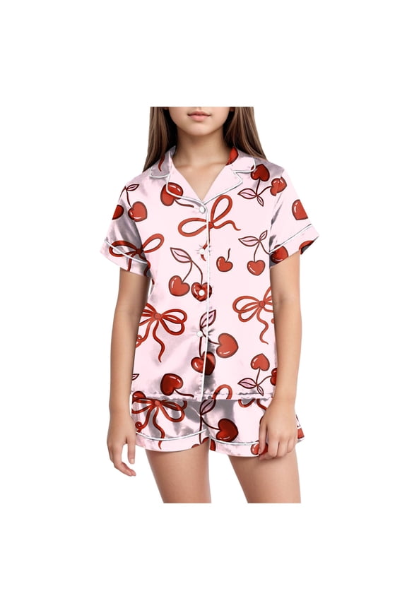 Kids Summer Pajamas Girls Ruffle Short Sleeve Button Front Top with Ruffle Short, 2-Piece Pajama Set (Red,Size 12-13 Years)