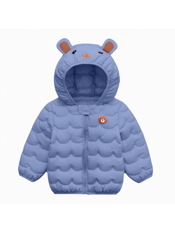 Kids Windproof Winter Coat Bear-Face Hood Puffer Jacket Warm Zip-Up Winter Coat Ages 18M-7Y (Blue,5-7 Years)