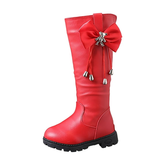 Gubotare Knee High Boots for Kids Girls Knee High Dress Boots Side Zipper Pearl Bowknot Riding Boots Plain Leather Birthday Party Warm Dress Shoes Size 2.5 (Red,Big Kids 2.5)