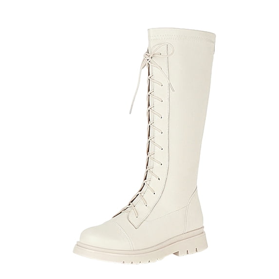 Gubotare Knee High Boots for Girls Girls Lace Up Riding Boots, Mid Calf Combat Boots Waterproof Leather Side Zipper Boot Size 5 (White,Big Kids 5)