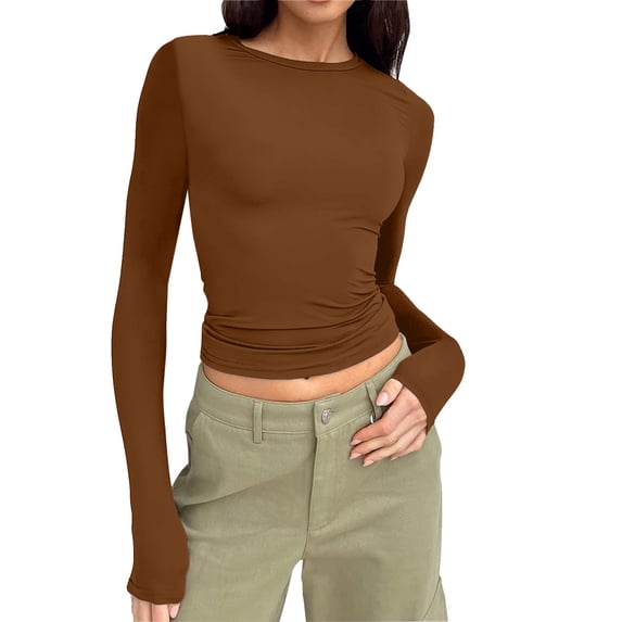 Gubotare Length Sleeve Womens Tops Dressy Casual Blouses for Women 2025 Trendy V Neck T Shirts Woman Tops (Coffee,L)