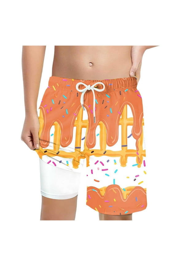 Little Boy Swim Trunks Boys Ice Cream Swim Trunks with Compression Liner Summer Beach Board Shorts Cute Preppy Swimsuit Bathing Suits (Orange,Size 10-13 Years)