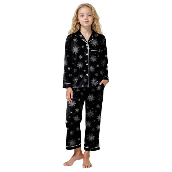 Gubotare Little Girl Christmas Pajamas Pajamas Set for Boys Girls Button Down Long Sleeve Sleepwear Lightweight Elastic Waist Pants Set Size 7-8 (Black,7-8 Years)
