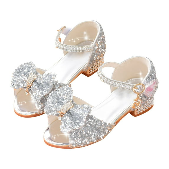 Gubotare Little Girl High Heels Little Girls Dress Shoes Girls Low Heel Shoes PU Dress Shoes for Wedding Kids (Silver,Little Kids 12.5)