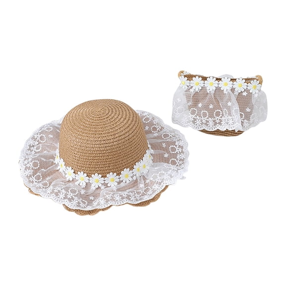 Gubotare Little Girls Bowknot Straw Hat Cute Woven Sunblock Hat with Straw Shoulder Bag Packable Summer Beach Cap Wide Brim (Khaki,Size 2-8 Years)