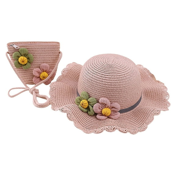 Gubotare Little Girls Bowknot Straw Hat Cute Woven Sunblock Hat with Straw Shoulder Bag Packable Summer Beach Cap Wide Brim (Pink,Size 2-8 Years)