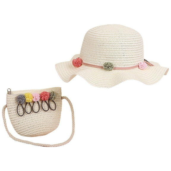 Gubotare Little Girls Bowknot Straw Hat Cute Woven Sunblock Hat with Straw Shoulder Bag Packable Summer Beach Cap Wide Brim (White,Size 2-8 Years)