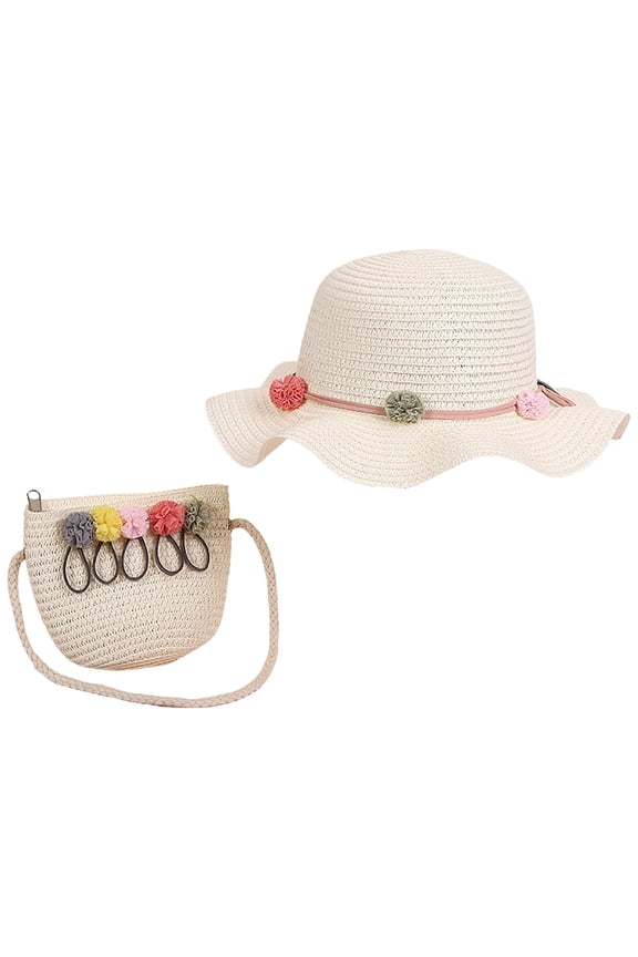 Little Girls Bowknot Straw Hat Cute Woven Sunblock Hat with Straw Shoulder Bag Packable Summer Beach Cap Wide Brim (White,Size 2-8 Years)
