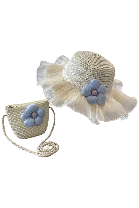 Little Girls Bowknot Straw Hat Cute Woven Sunblock Hat with Straw Shoulder Bag Packable Summer Beach Cap Wide Brim (White,Size 2-8 Years)