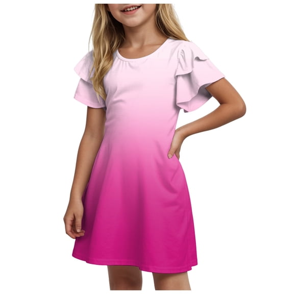 Gubotare Little Girls Dress Girl's Summer T-Shirt Dress Striped Print Short Sleeve Ribbed Casual Dress Size 7-8T (Hot Pink,7-8 Years)