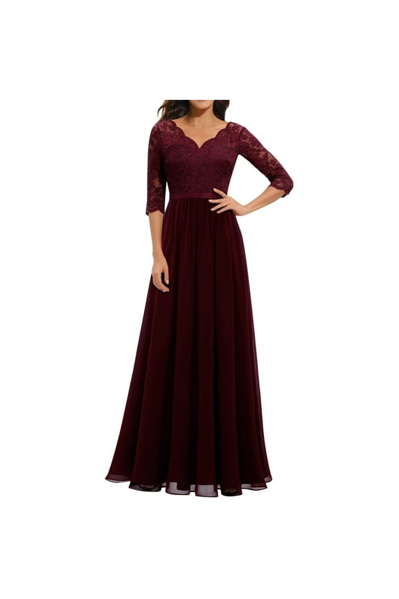 Long 3/4 Sleeve Bride Dresses V Neck Floral Lace Chiffon Formal Dresses Solid Color Elegant Evening Gowns Maxi Dresses Wedding Guest Dresses for Women(Red,L)