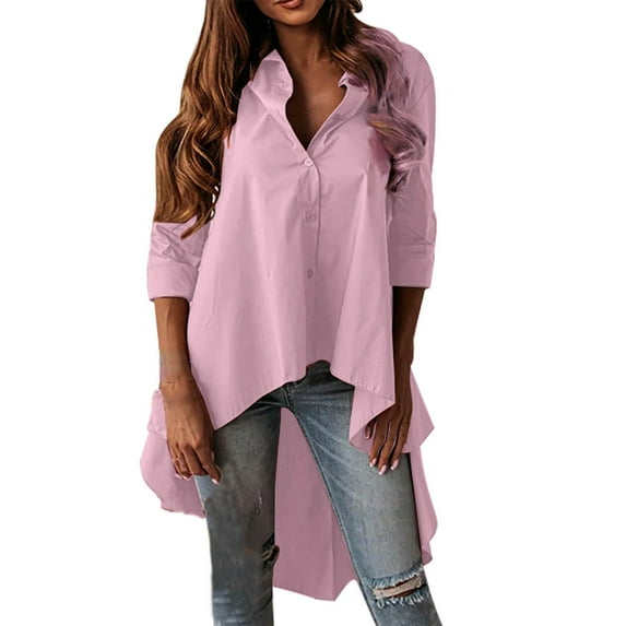 Gubotare Long Sleeve Blouses for Women Dressy Casual Womens Cotton Casual Long Sleeve Loose Fit Button Down Shirt Collared Linen Work Blouse Tops (Pink,M)