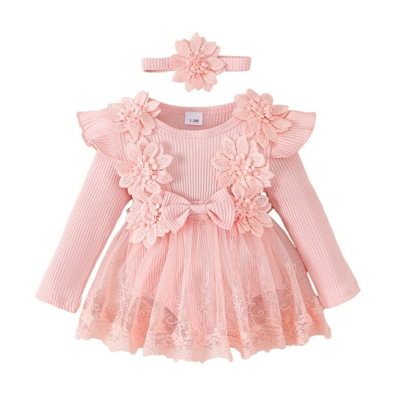 Gubotare Long Sleeve Girl Dress Infant Girls Long Sleeve Dress Fall Formal Tiered Dresses Size 12 18 Months(Light Pink,12-18 Months)