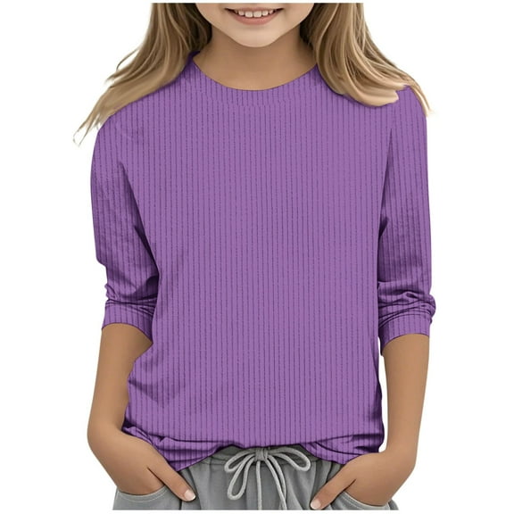 Gubotare Long Sleeve Girls Shirts Girls Long Sleeve Shirts Kids Ribbed Knit Curved Hem Tunic Tops Fashion Tees Size 9-10 (Purple,9-10 Years)